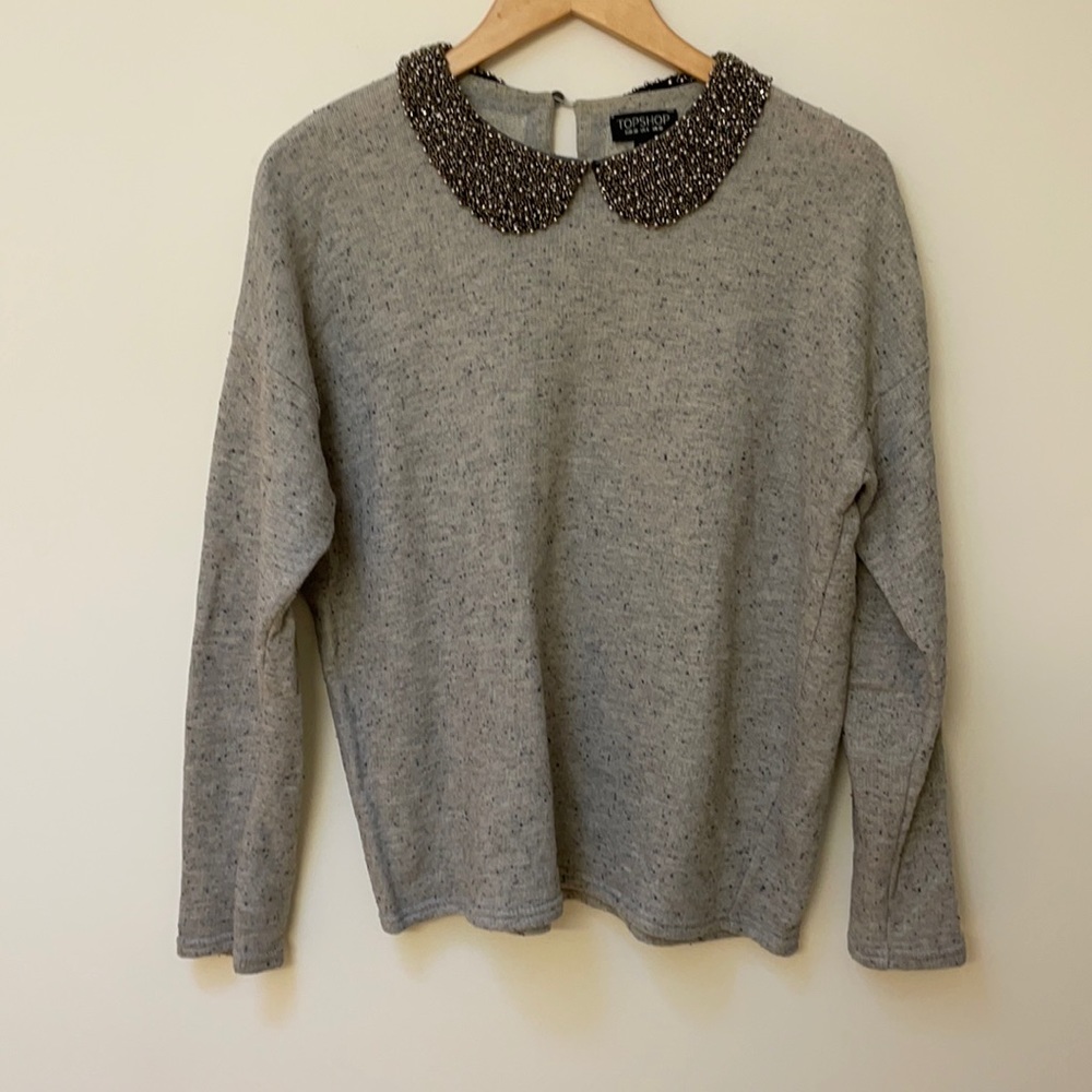 Topshop Grey Sweater with Embellished Beaded Collar